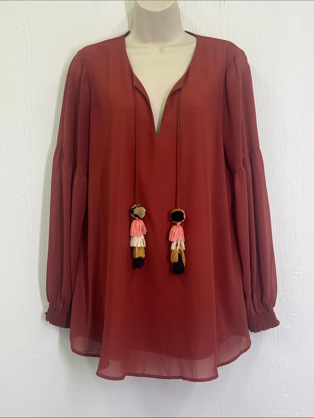 Show Me Your MuMu - Jelina Tassel Long Sleeve V Neck Boho Blouse Size Small